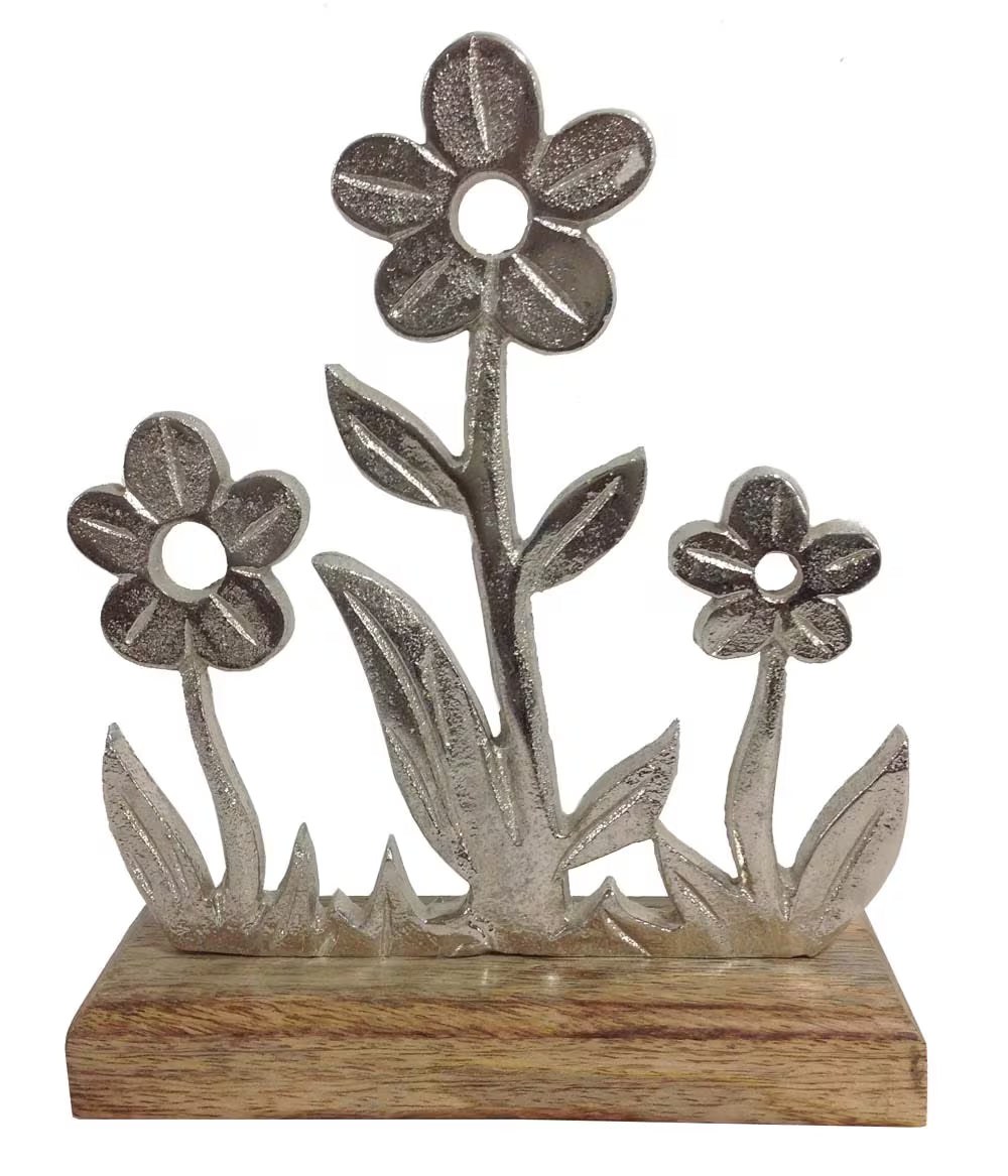 Basergy Handcrafted Mango Wood & Silver Bloom – Rustic Floral Tabletop Decor
