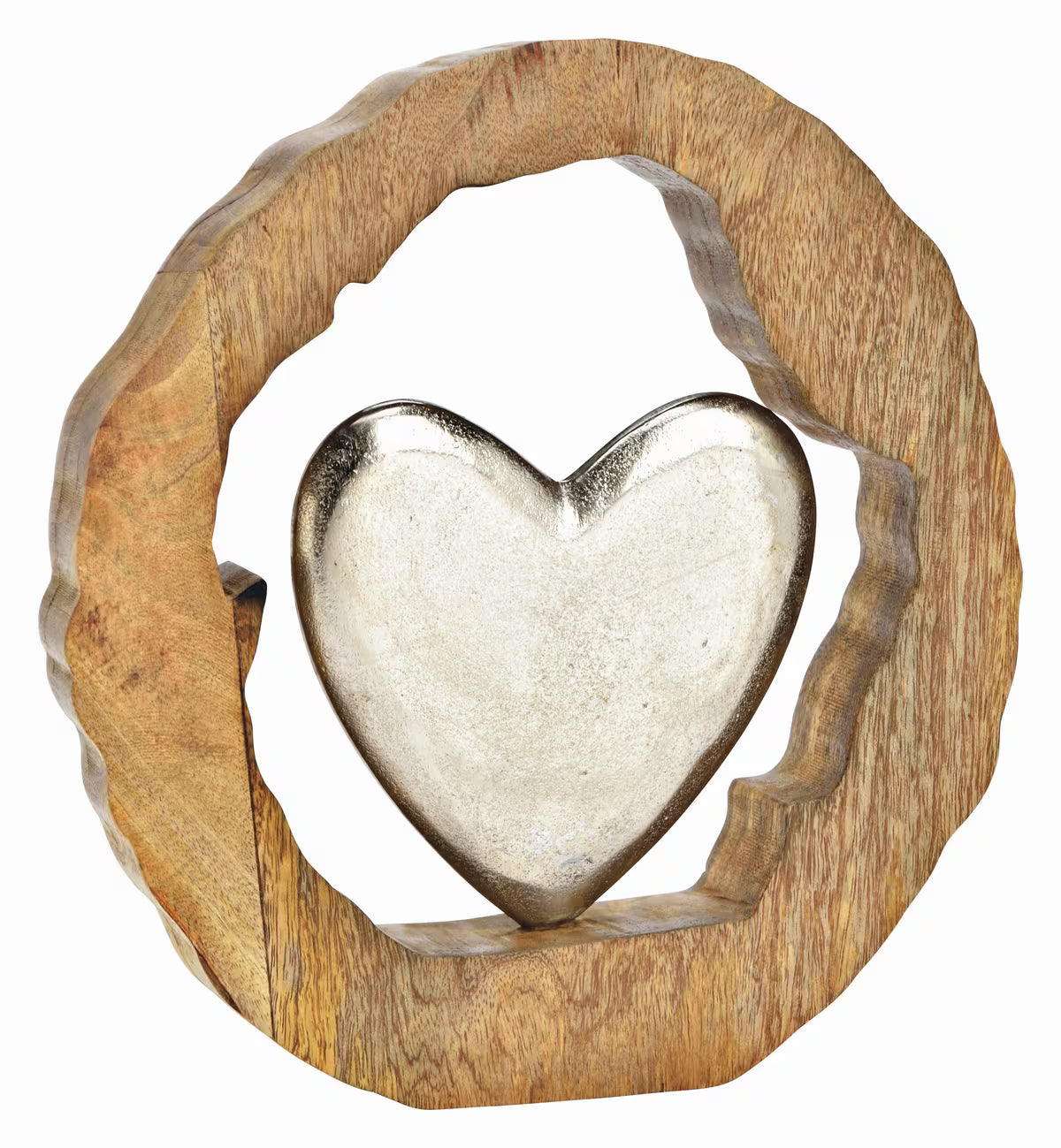 Silver & Mango Wood Heart Sculpture – Rustic Artisan Tabletop Decor